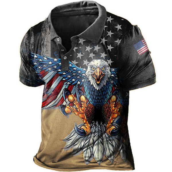 Vintage American Flag Liberty Eagle Print Men's Polo Short Sleeve T-Shirt-Unitsen