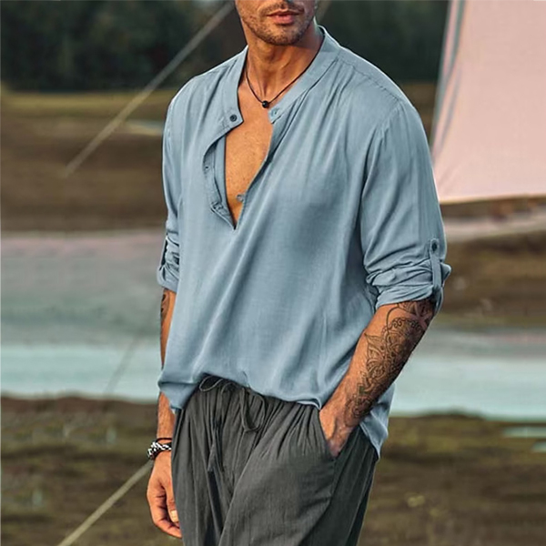 Men's Linen Shirt Henley Henry Stand Collar Casual Outdoor Shirt Long Sleeve Plain Collar Casual Hawaiian Clothing-Unitsen