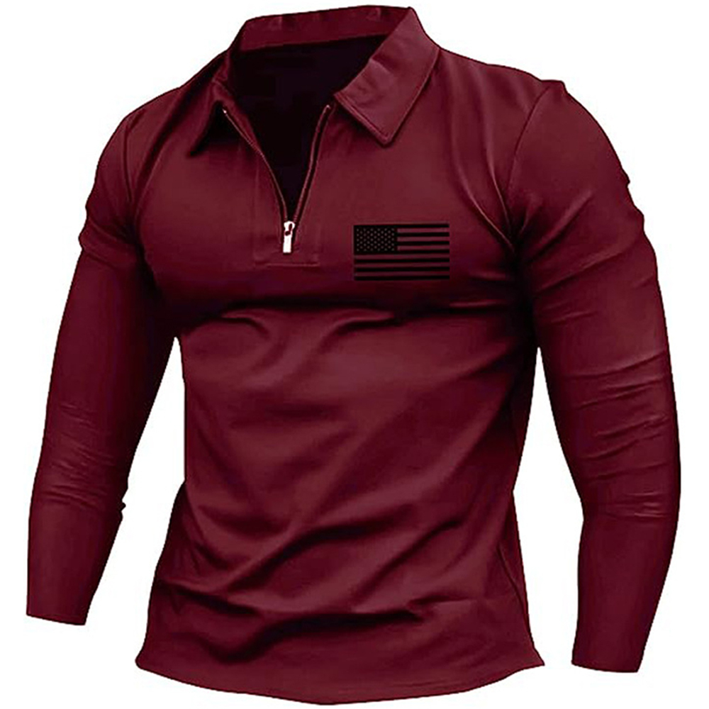 Men's Vintage American Flag Print Zip Lapel Long Sleeve T-Shirt-Unitsen