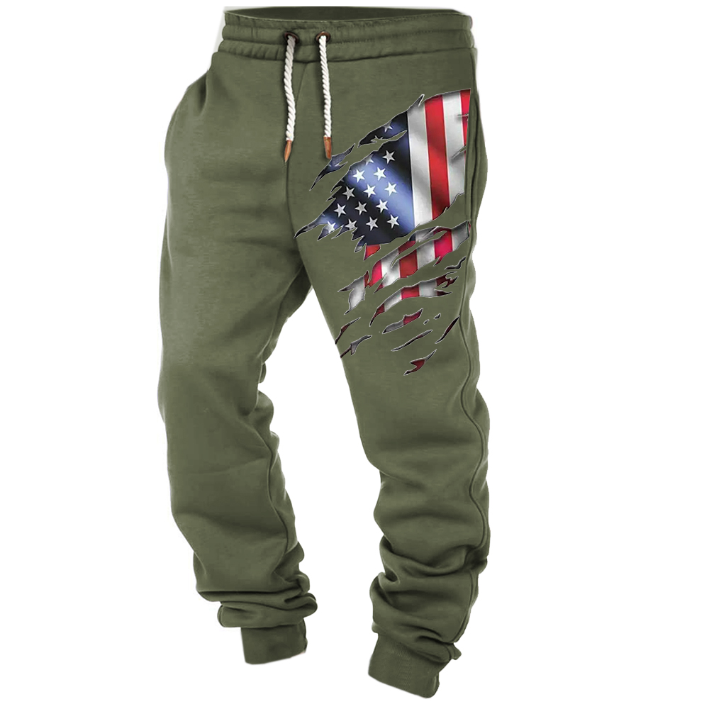 Men's Vintage American Flag Print Pocket Casual Athletic Elastic Waist Trousers-Unitsen