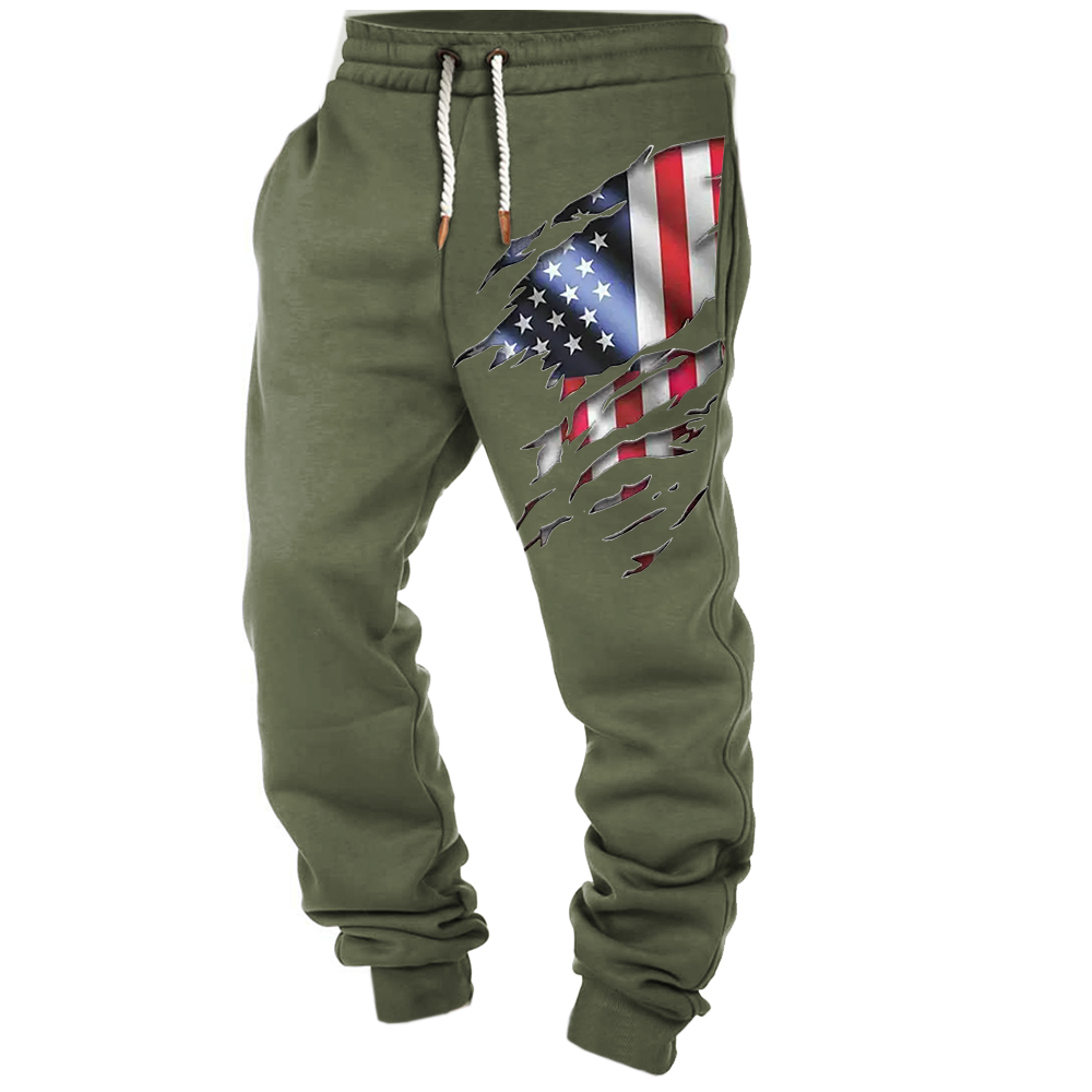 Men's Vintage American Flag Print Pocket Casual Athletic Elastic Waist Trousers-Unitsen