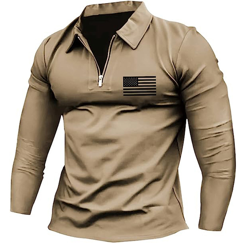 Men's Vintage American Flag Print Zip Lapel Long Sleeve T-Shirt-Unitsen