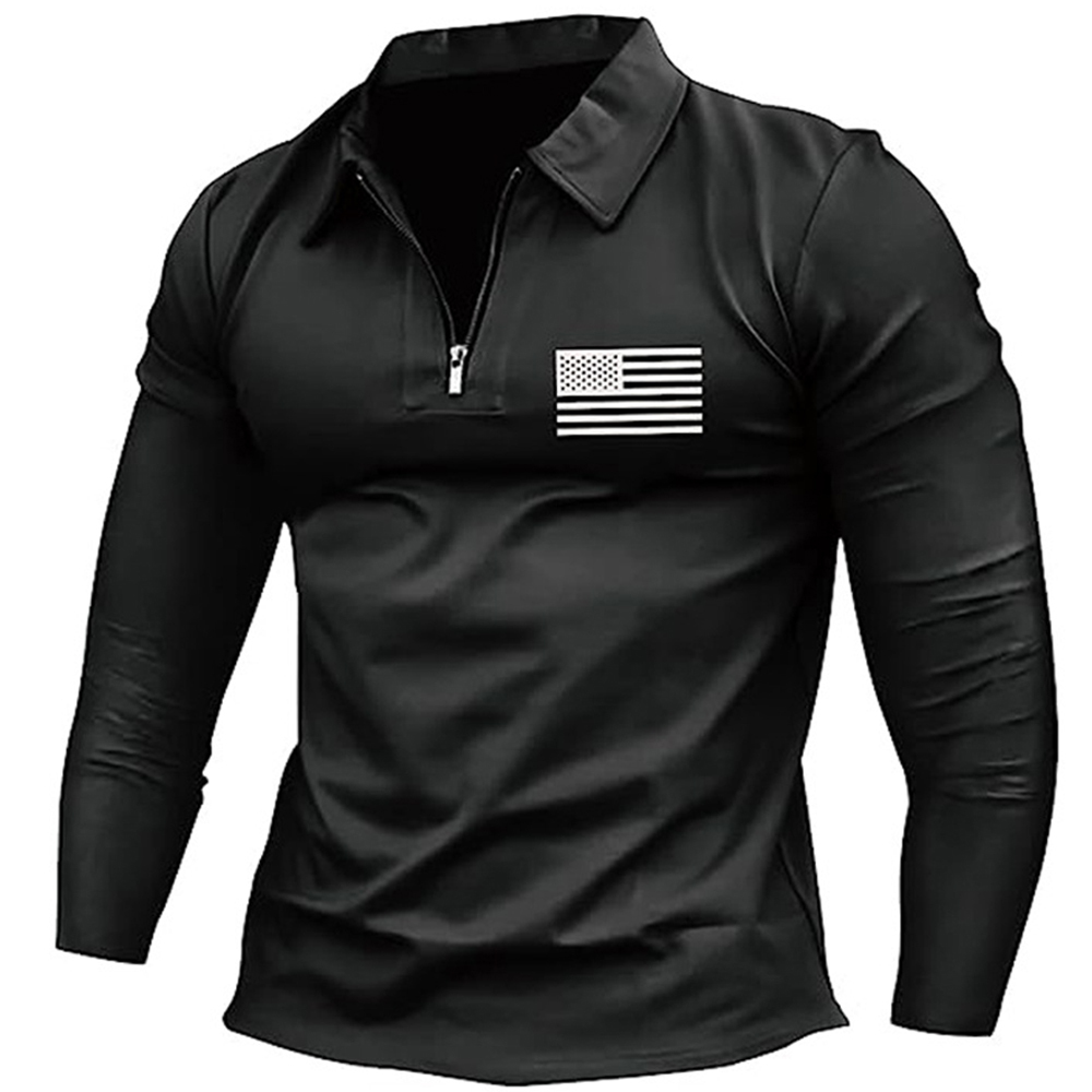 Men's Vintage American Flag Print Zip Lapel Long Sleeve T-Shirt-Unitsen