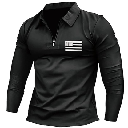 Men's Vintage American Flag Print Zip Lapel Long Sleeve T-Shirt-Unitsen