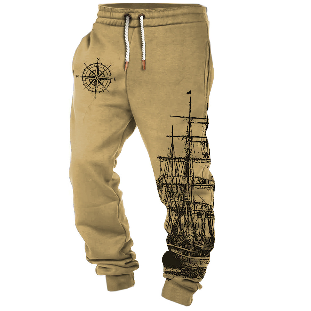 Men's Vintage Compass Nautical Sailing Print Casual Pants-Unitsen
