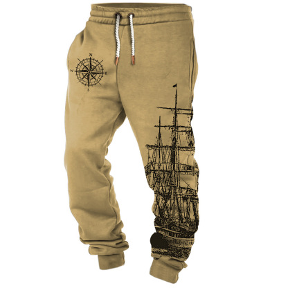 Men's Vintage Compass Nautical Sailing Print Casual Pants-Unitsen