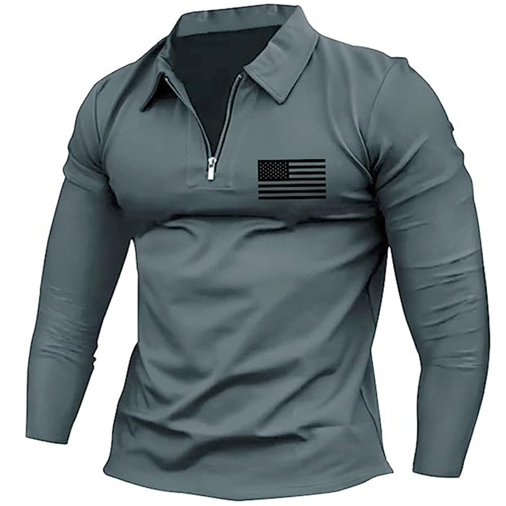 Men's Vintage American Flag Print Zip Lapel Long Sleeve T-Shirt-Unitsen