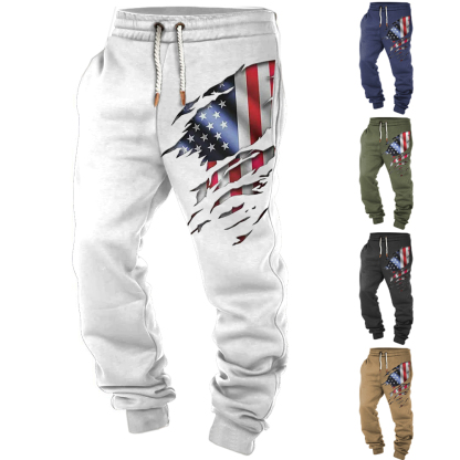 Men's Vintage American Flag Print Pocket Casual Athletic Elastic Waist Trousers-Unitsen