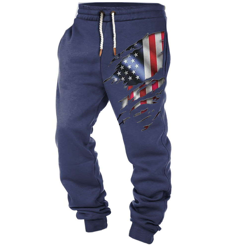 Men's Vintage American Flag Print Pocket Casual Athletic Elastic Waist Trousers-Unitsen