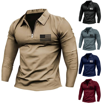 Men's Vintage American Flag Print Zip Lapel Long Sleeve T-Shirt-Unitsen