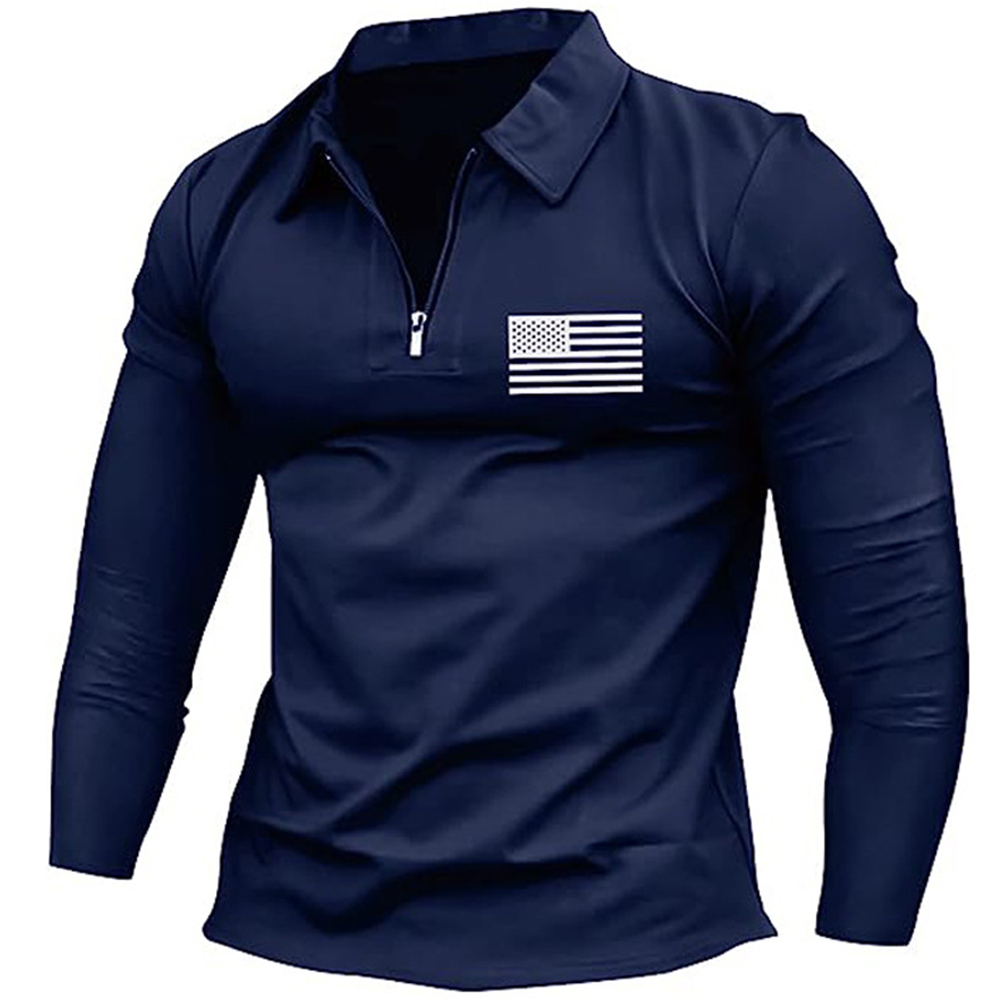 Men's Vintage American Flag Print Zip Lapel Long Sleeve T-Shirt-Unitsen