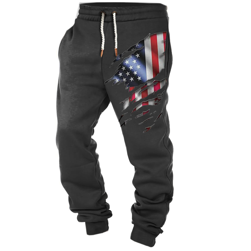 Men's Vintage American Flag Print Pocket Casual Athletic Elastic Waist Trousers-Unitsen