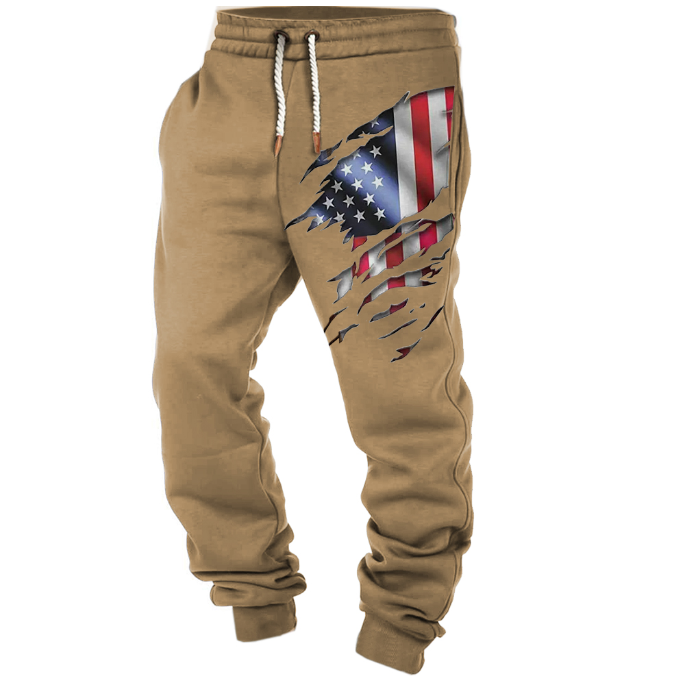 Men's Vintage American Flag Print Pocket Casual Athletic Elastic Waist Trousers-Unitsen