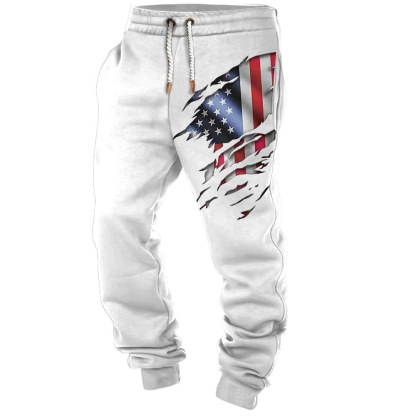 Men's Vintage American Flag Print Pocket Casual Athletic Elastic Waist Trousers-Unitsen