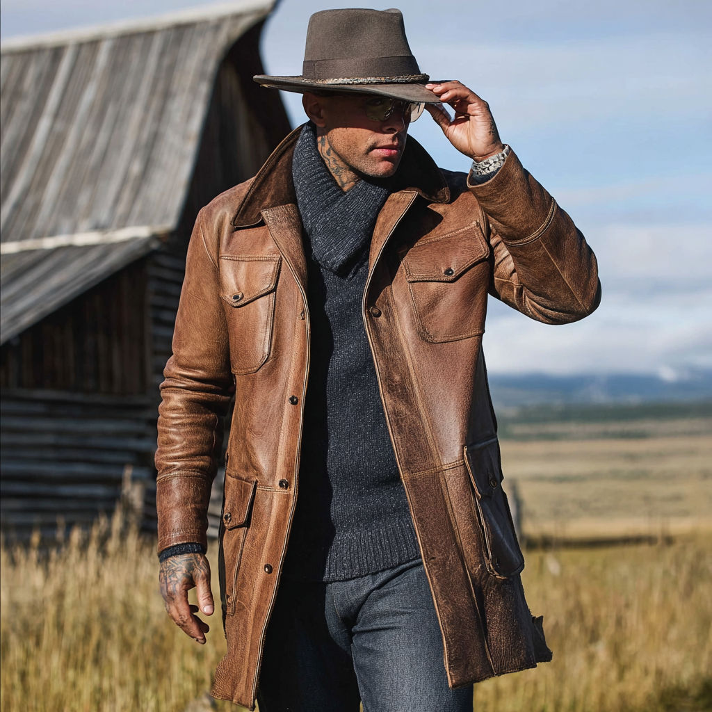Men's Vintage Rustic Elegance: Brown Leather Coat-Unitsen