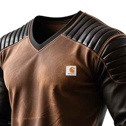 Men's Vintage Brown And Black Leather-Trimmed V-Neck Shirt-Unitsen