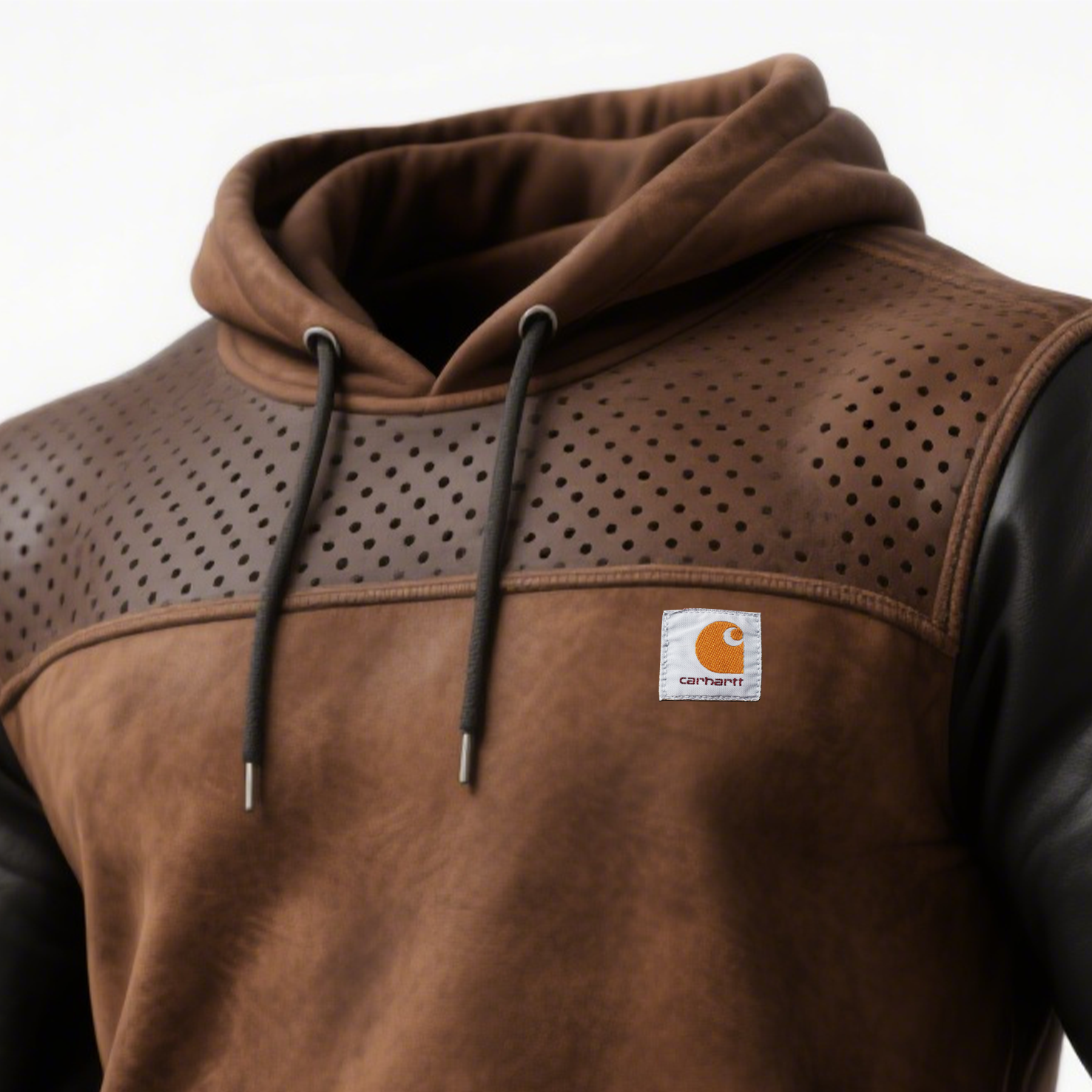 Men's Vintage Brown Leather And Fleece Hoodie-Unitsen