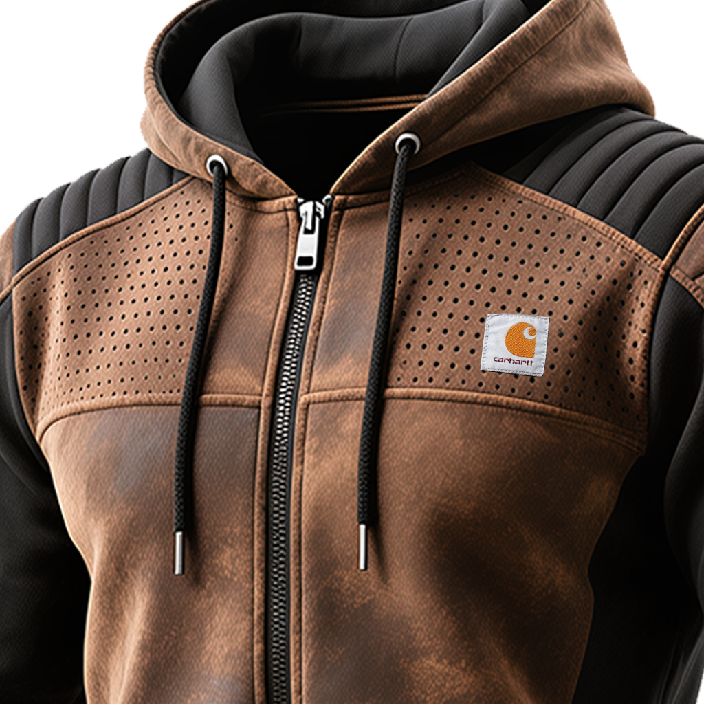 Men's Vintage Brown And Black Hooded Hoodie With Perforated Details-Unitsen
