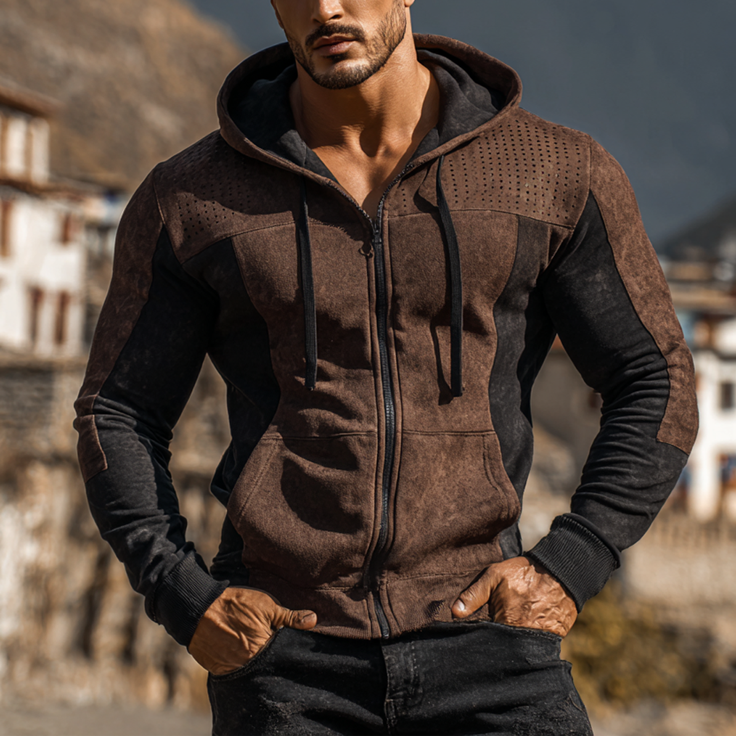 Men's Vintage Brown And Black Suede Hooded Zip-Up Sweatshirt For Men-Unitsen