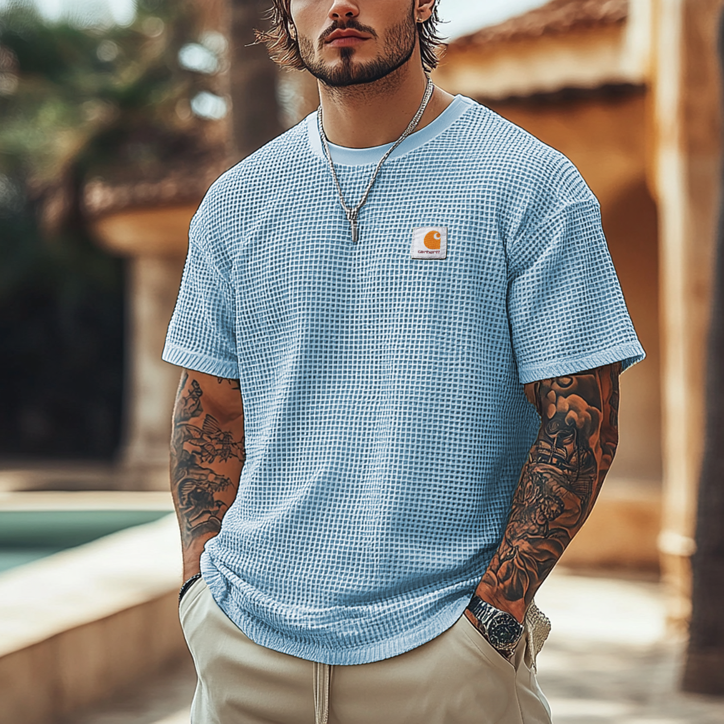 Men's Vintage Waffle Fabric Knit Lightweight Mesh T-Shirt - Perfect For Summer Outdoors-Unitsen