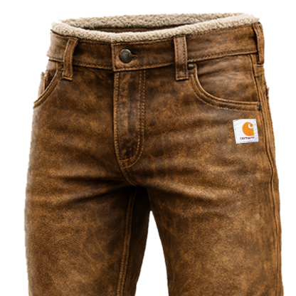 Men's Vintage Brown Insulated Straight Fit Suede And Leather Pants-Unitsen
