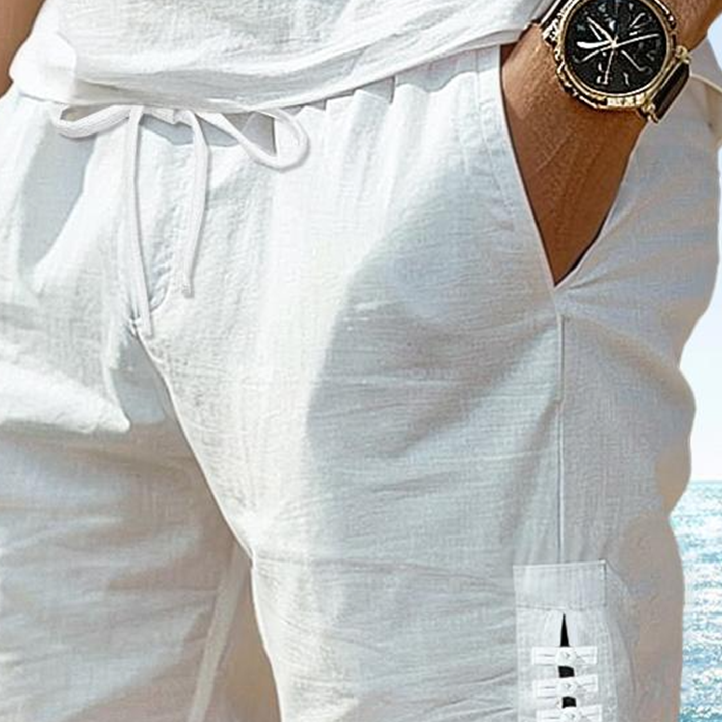 Men's Vintage White Linen Blend Shorts With Drawstring Waist-Unitsen