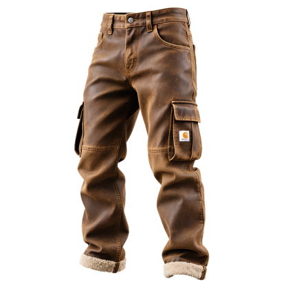 Men's Vintage Brown Leather Fleece Lining Cargo Work Pants-Unitsen