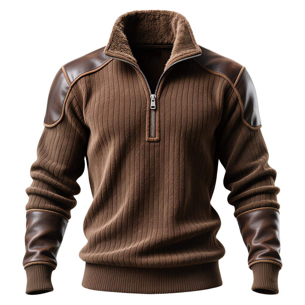 Men's Vintage Brown Ribbed Sweatshirt With Leather Accents And Fleece Collar-Unitsen