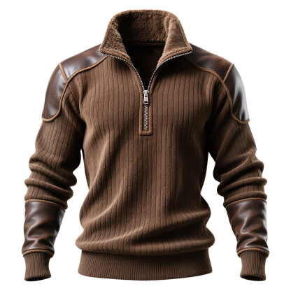 Men's Vintage Brown Ribbed Sweatshirt With Leather Accents And Fleece Collar-Unitsen