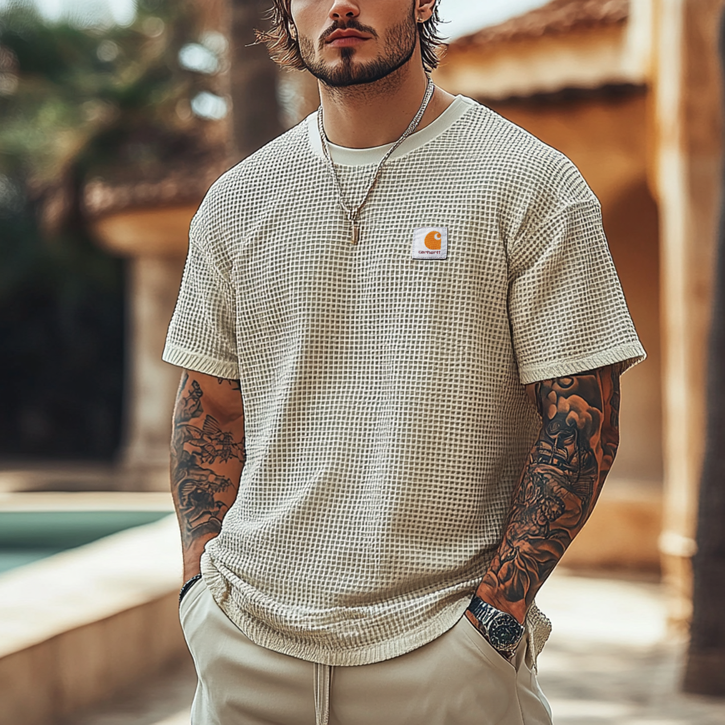 Men's Vintage Waffle Fabric Knit Lightweight Mesh T-Shirt - Perfect For Summer Outdoors-Unitsen