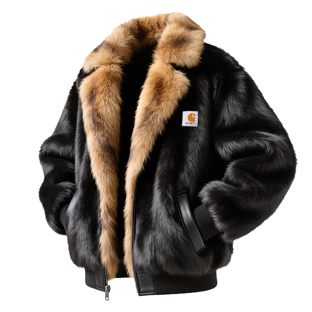 Men's Vintage Luxurious Black Fur Jacket With Detachable Brown Fur Collar-Unitsen