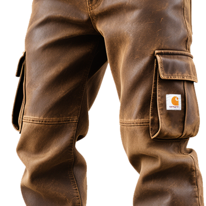 Men's Vintage Brown Leather Fleece Lining Cargo Work Pants-Unitsen