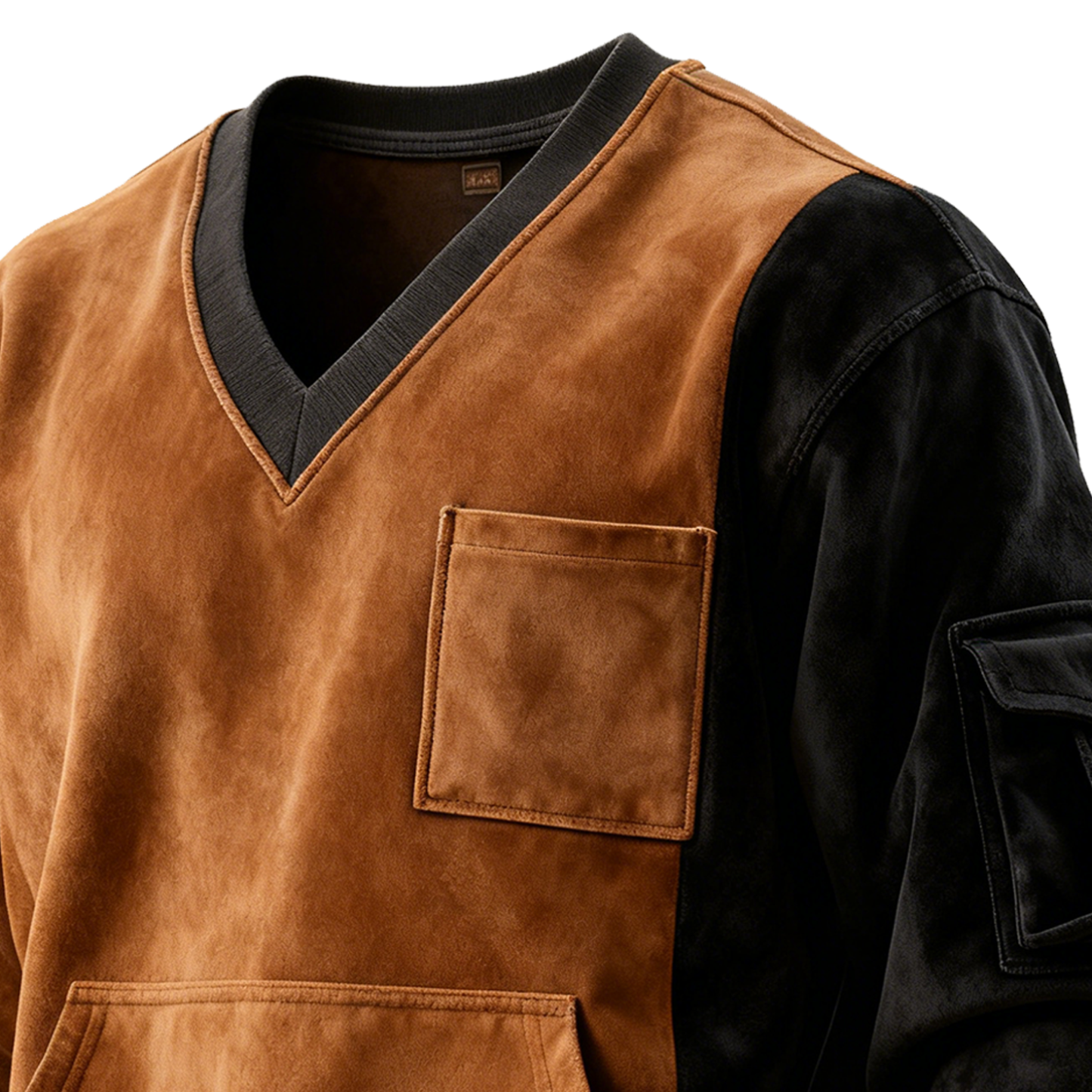 Men's Vintage Brown And Black Suede V-neck Sweatshirt With Pockets