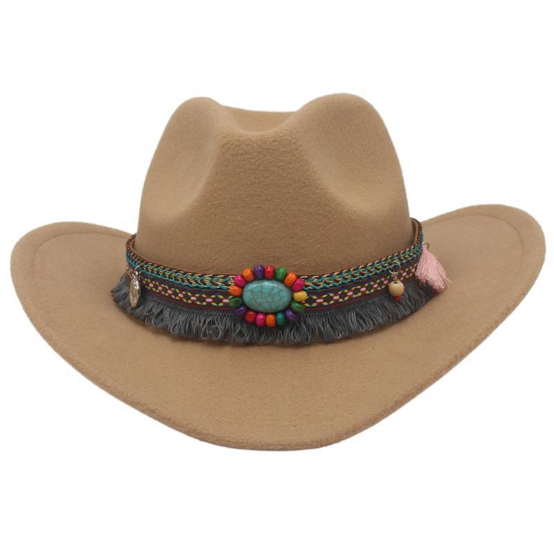 Unisex Fall Vintage Western Cowboy Woolen Sun Protection Wide Brim Hat-Unitsen