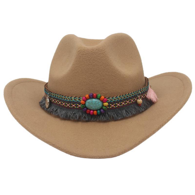 Unisex Fall Vintage Western Cowboy Woolen Sun Protection Wide Brim Hat-Unitsen
