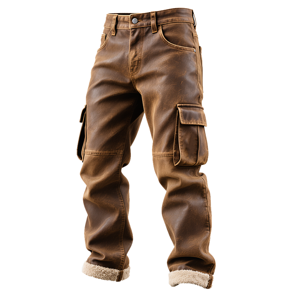 Men's Vintage Brown Leather Cargo Trousers With Fleece Lining