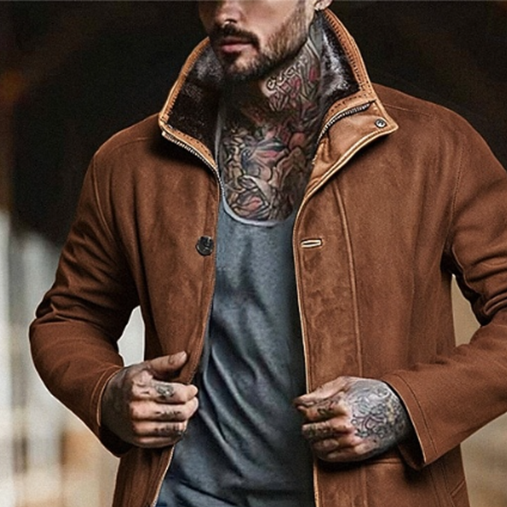 Men's Vintage Brown Suede-Like Jacket With Faux Fur Collar And Tattooed Style-Unitsen