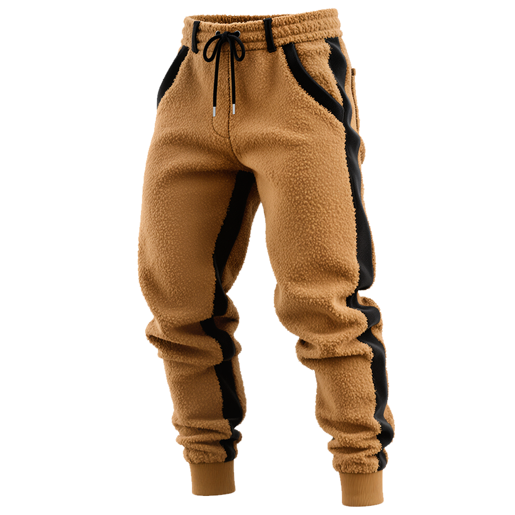 Men's Vintage Warm Brown Fleece Joggers With Black Stripes-Unitsen