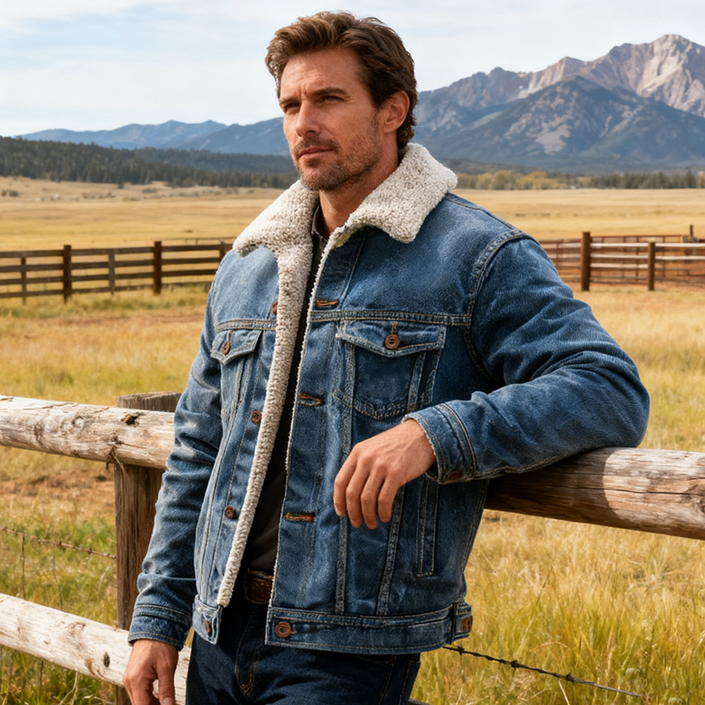 Men's Vintage Warm Denim Jacket With Faux Shearling Collar-Unitsen