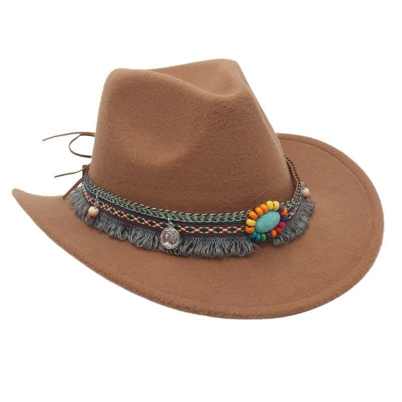 Unisex Fall Vintage Western Cowboy Woolen Sun Protection Wide Brim Hat-Unitsen