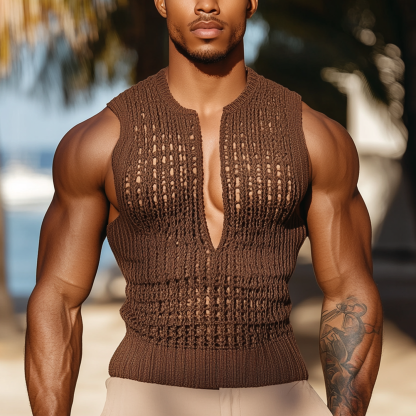 Men's Brown Knit Vest With Deep V-neck-Unitsen