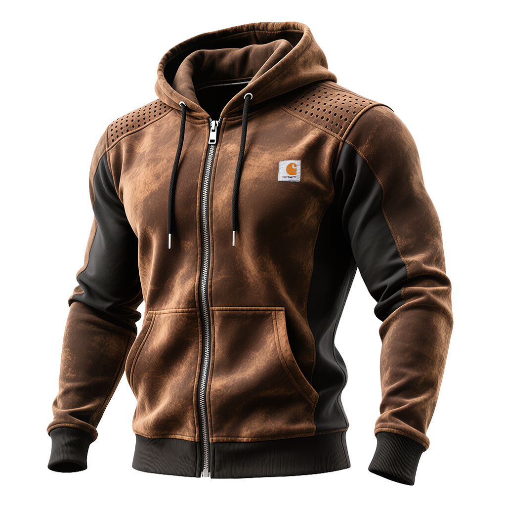 Men's Vintage Brown And Black Hooded Zip Up Sweatshirt With Perforated Shoulders-Unitsen