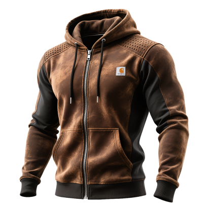 Men's Vintage Brown And Black Hooded Zip Up Sweatshirt With Perforated Shoulders-Unitsen