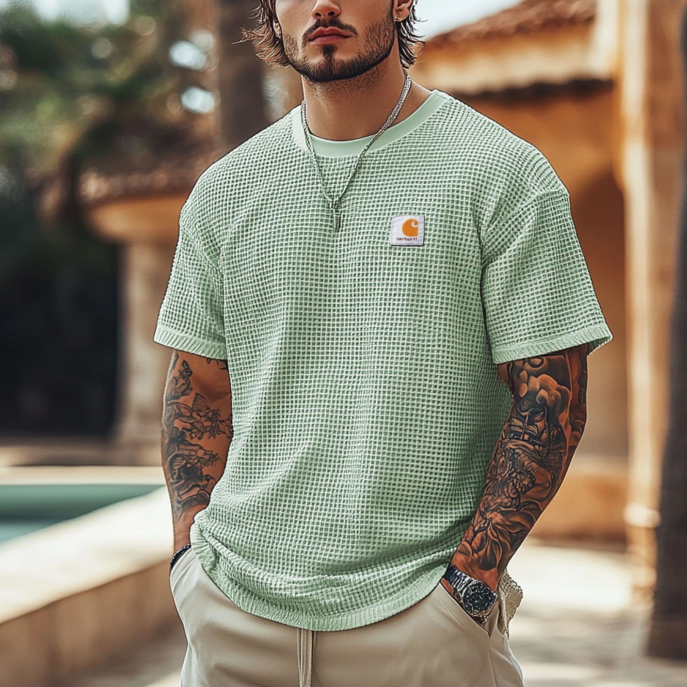 Men's Vintage Waffle Fabric Knit Lightweight Mesh T-Shirt - Perfect For Summer Outdoors-Unitsen