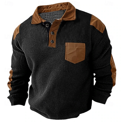 Men's Waffle Polo Shirt Long Sleeve Vintage Fashion Button Pocket Spring & Fall Black Polo Shirt-Unitsen