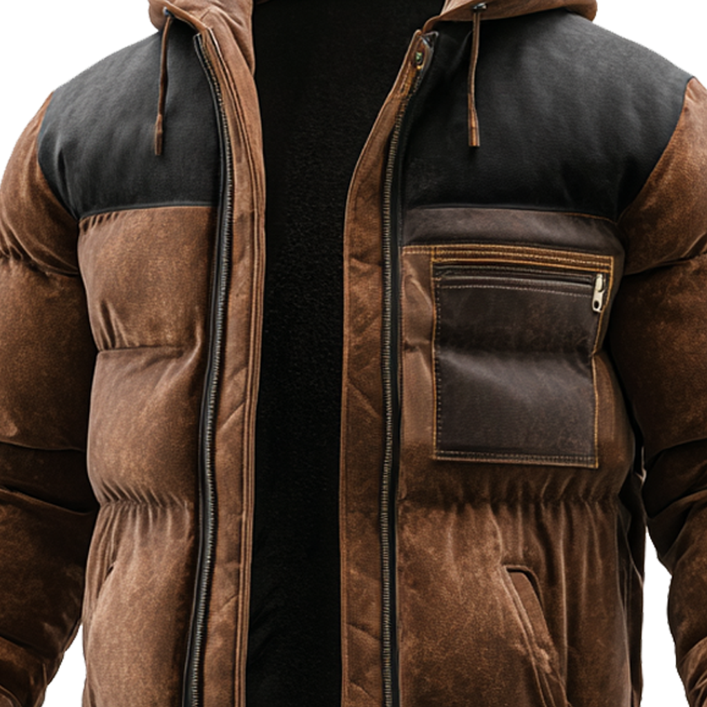 Men's Vintage Brown Suede Puffer Jacket With Hood And Chest Pocket-Unitsen