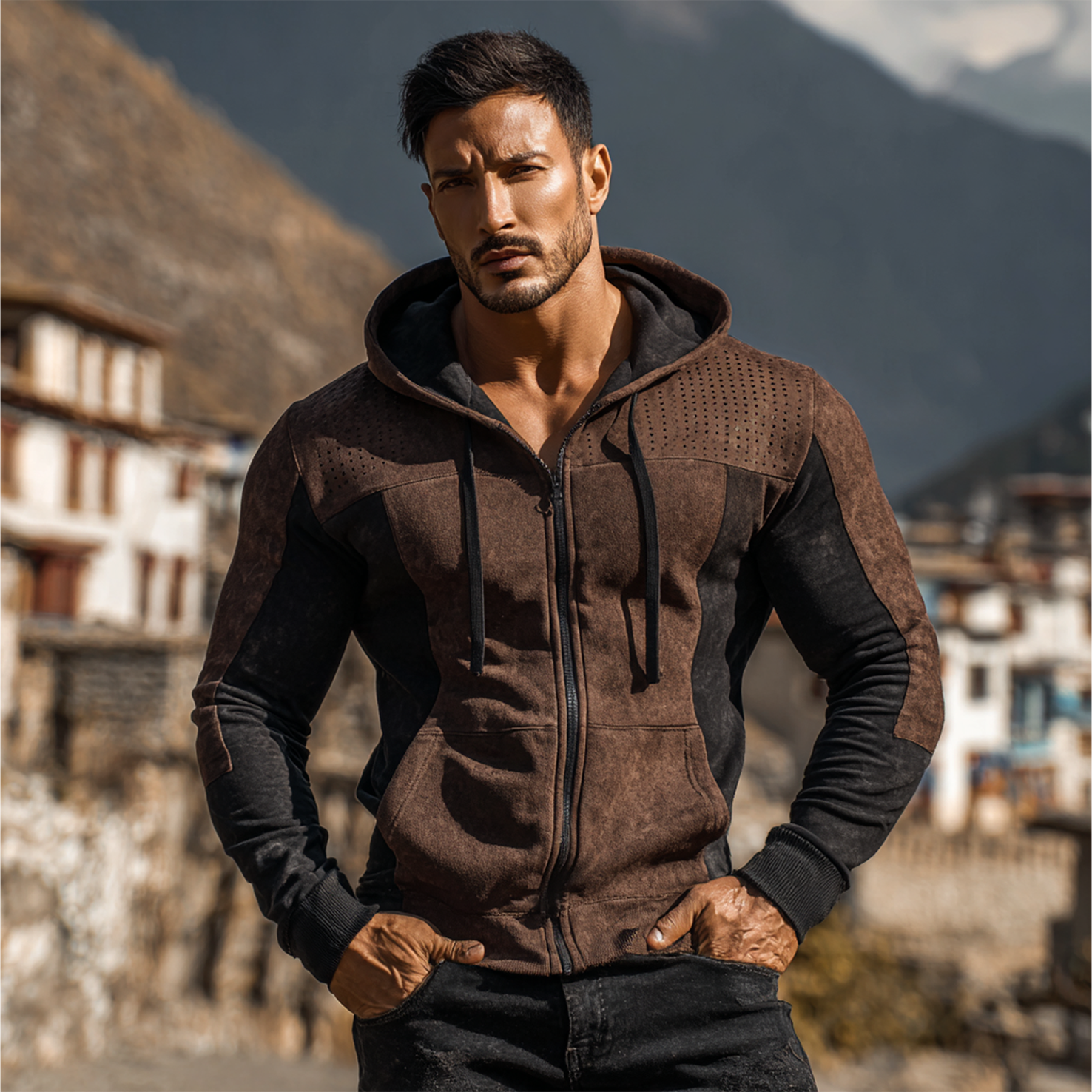 Men's Vintage Brown And Black Suede Hooded Zip-Up Sweatshirt For Men-Unitsen