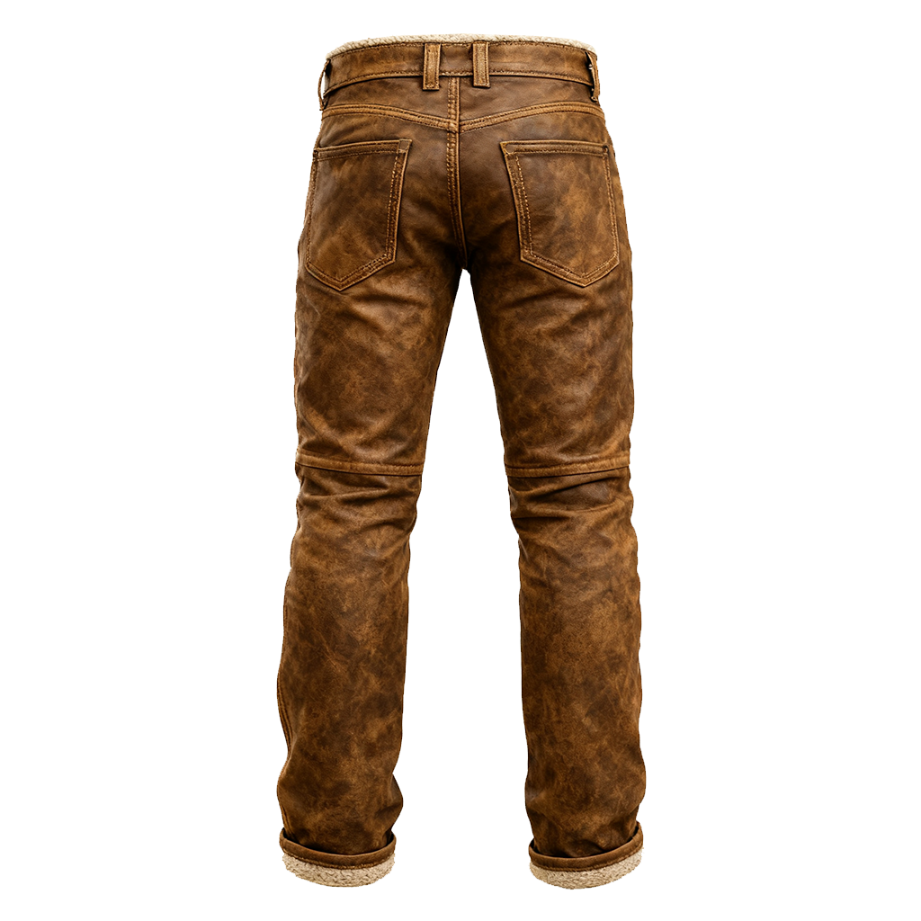 Men's Vintage Brown Insulated Straight Fit Suede And Leather Pants-Unitsen