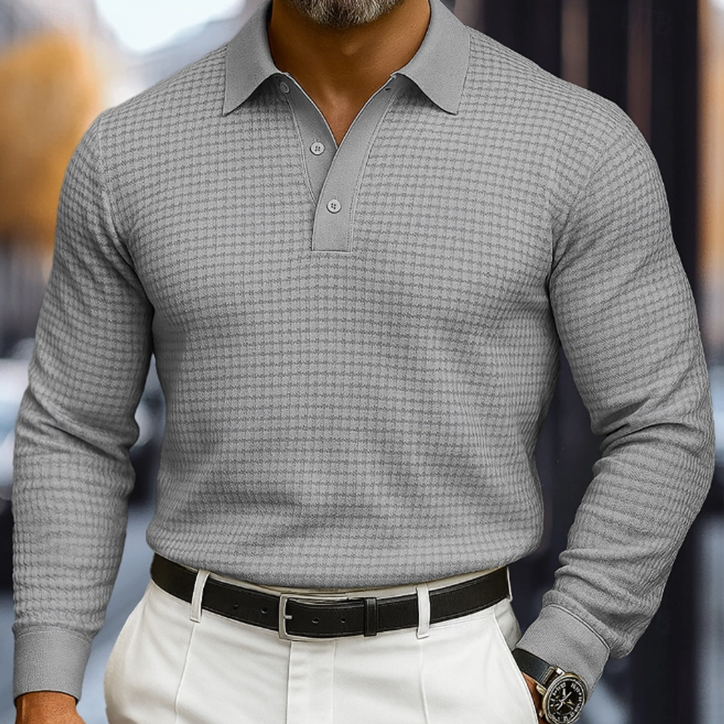 Men's Vintage Elegant Gray Polo Shirt With Long Sleeves For Modern Gentlemen-Unitsen