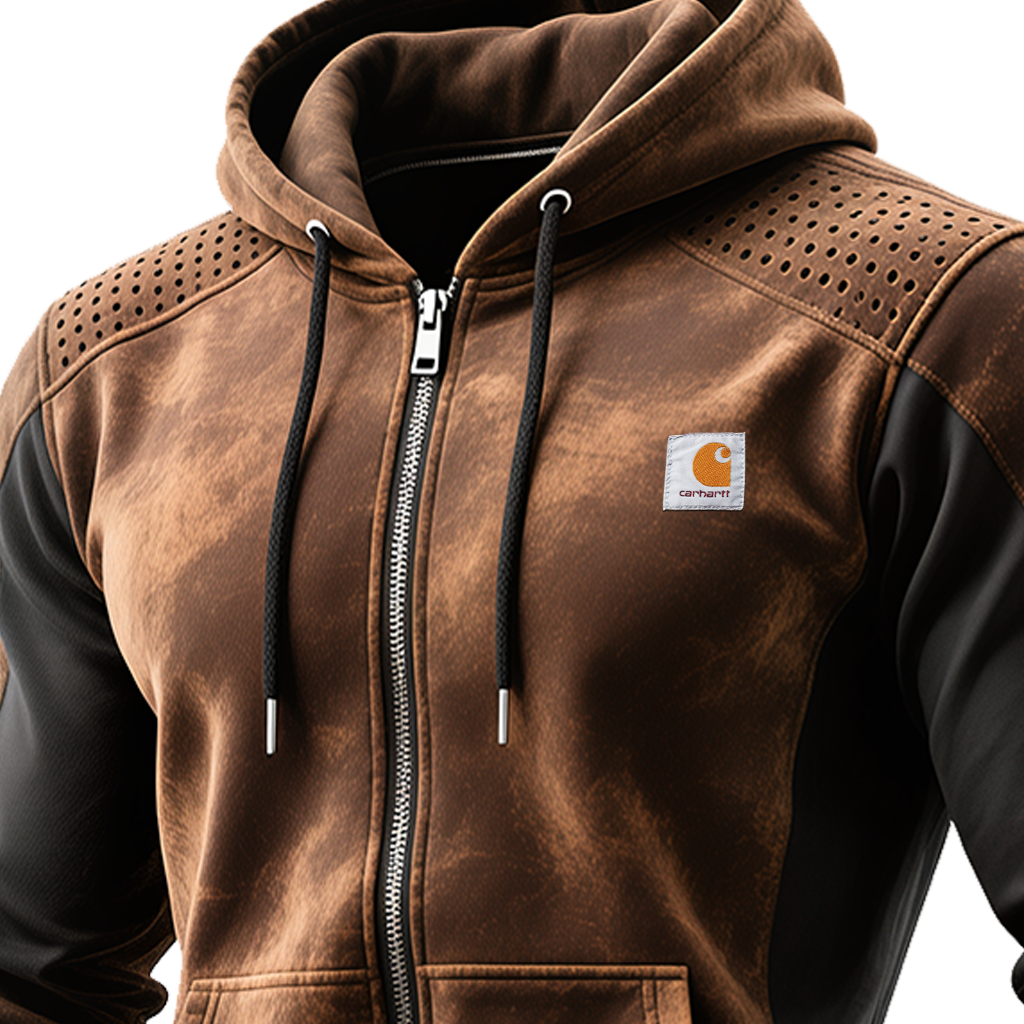 Men's Vintage Brown And Black Hooded Zip Up Sweatshirt With Perforated Shoulders-Unitsen